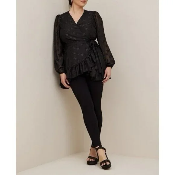 Torrid 2 Top Lurex Star Surplice Ruffle Hem Black Plus Size 2X V Neck Long Slv - Picture 13 of 14